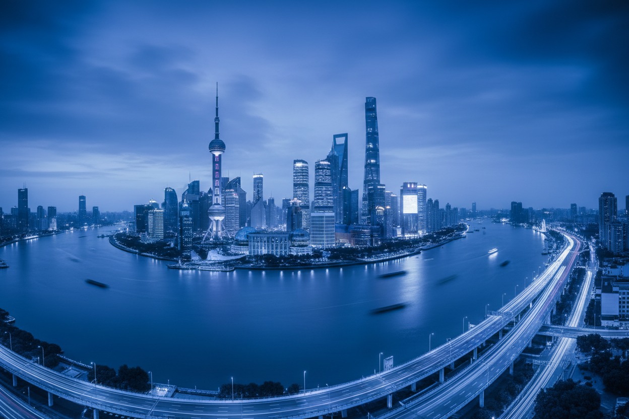 The Shanghai skyline glows at twilight with the Huangpu River curving past the Oriental Pearl Tower and surrounding skyscrapers.